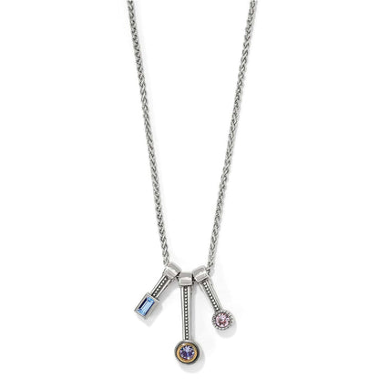 Brighton pendant necklace with blue, purple, and pink crystal charms in two-tone finish on a white background