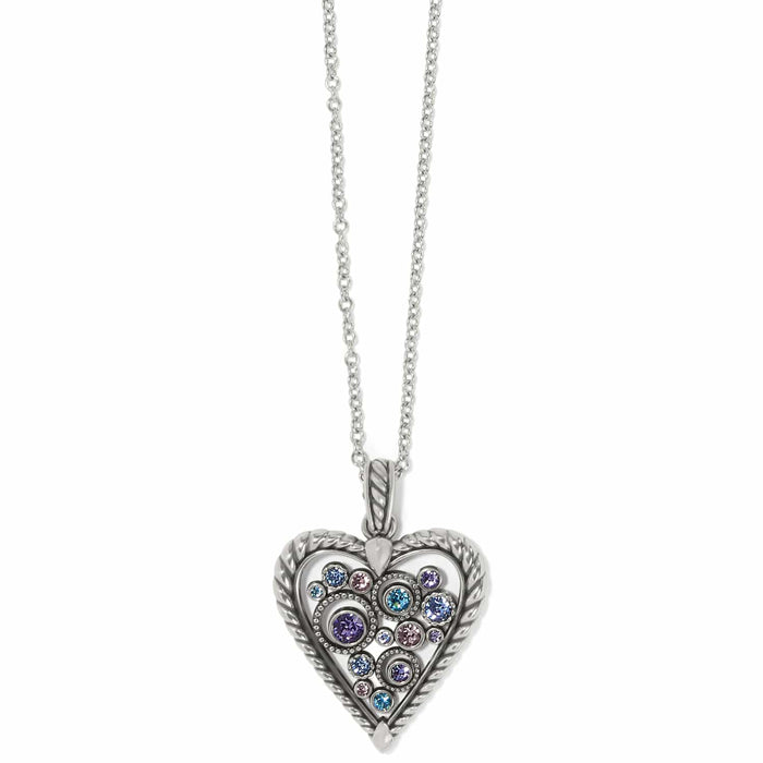 Brighton pendant necklace with silver-plated heart featuring braided border and multicolored crystals on a white background