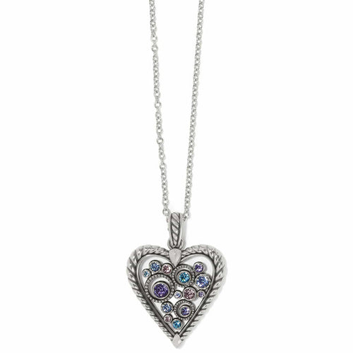 Brighton pendant necklace with silver-plated heart featuring braided border and multicolored crystals on a white background