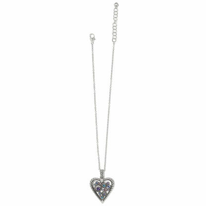 Brighton heart pendant necklace with multicolored crystals, silver-plated rope-edge frame, and extender chain on a white background