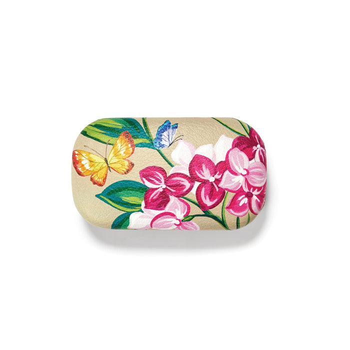 Brighton case with pink orchid floral print and butterfly illustrations on a beige background on a white background