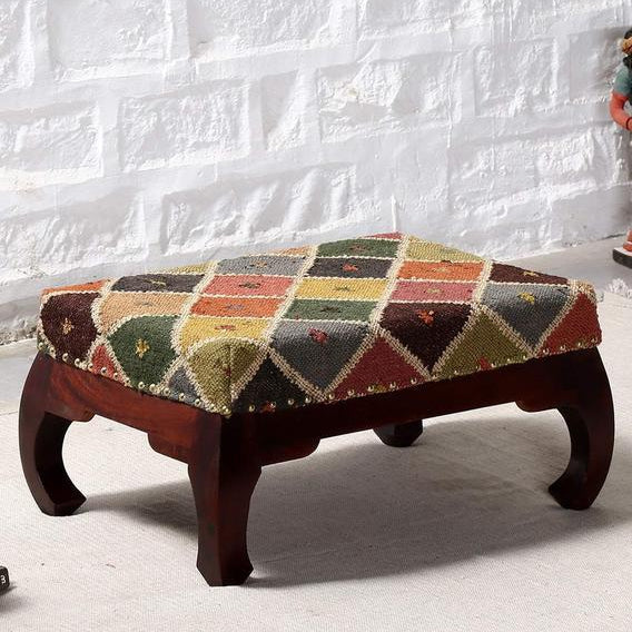 Handcrafted Wooden Ottoman Stool with Upholstery, Perfect for Living Room