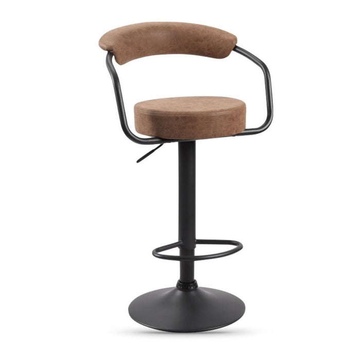 Brown bar stool with black metal frame on a white background