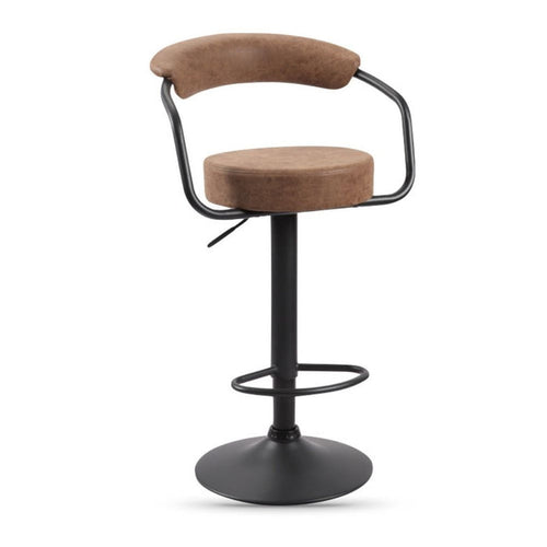 Brown bar stool with black metal frame on a white background