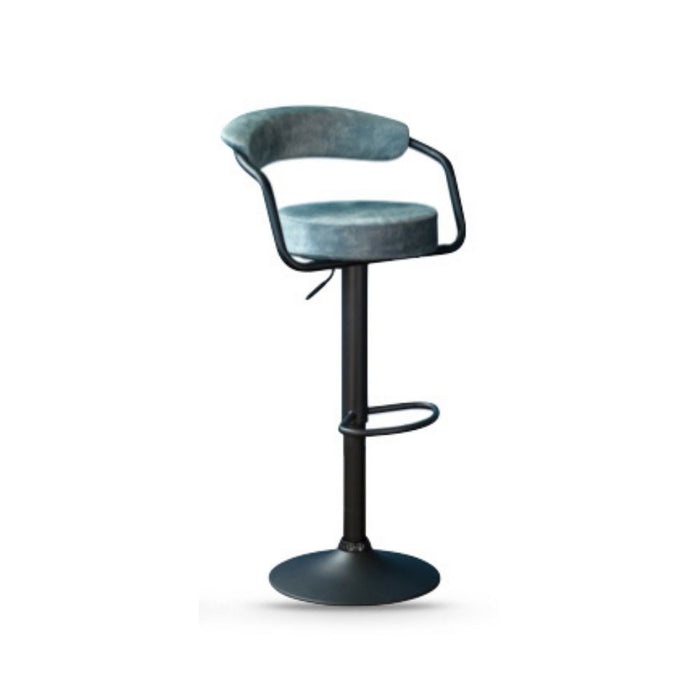Gas lift bar stool with black metal frame and stone blue cushioned seat on a white background