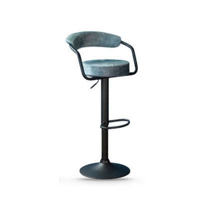 Gas lift bar stool with black metal frame and stone blue cushioned seat on a white background