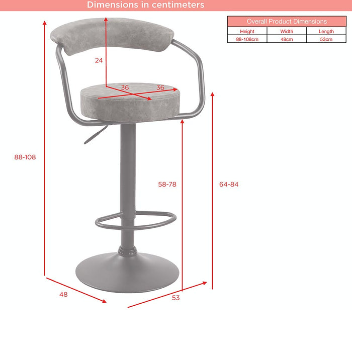 Gray bar stool with dimensions marked on a white background