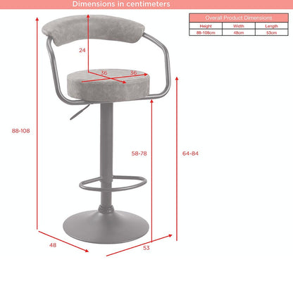 Gray bar stool with dimensions marked on a white background