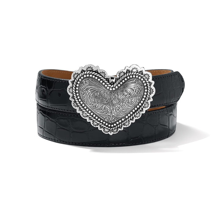 Brighton black croc-embossed leather belt with ornate silver-tone scrollwork heart-shaped buckle on a white background