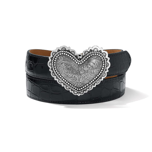 Brighton black croc-embossed leather belt with ornate silver-tone scrollwork heart-shaped buckle on a white background