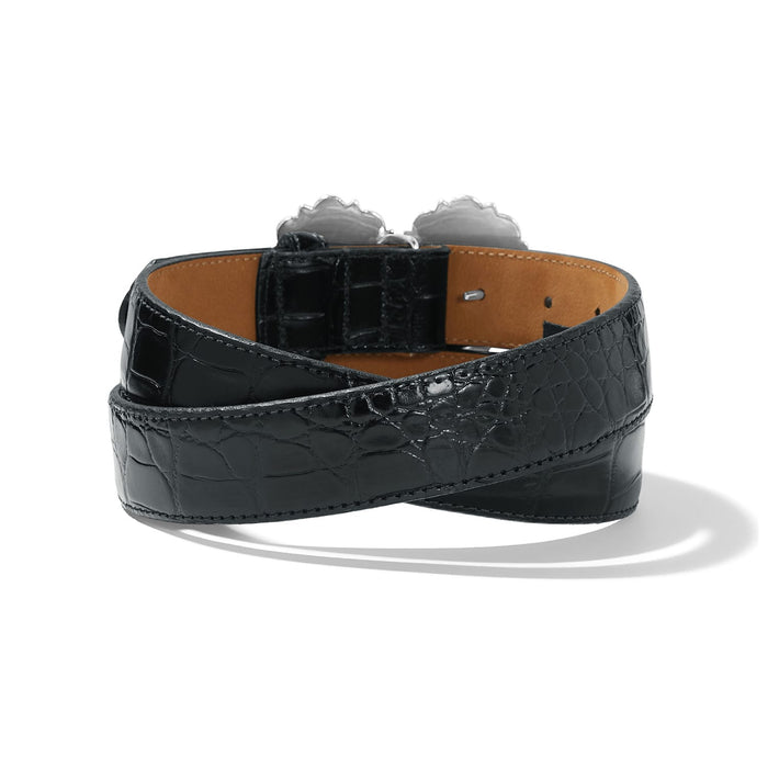 Brighton belt shown from the back with black crocodile-embossed leather strap and tan lining on a white background