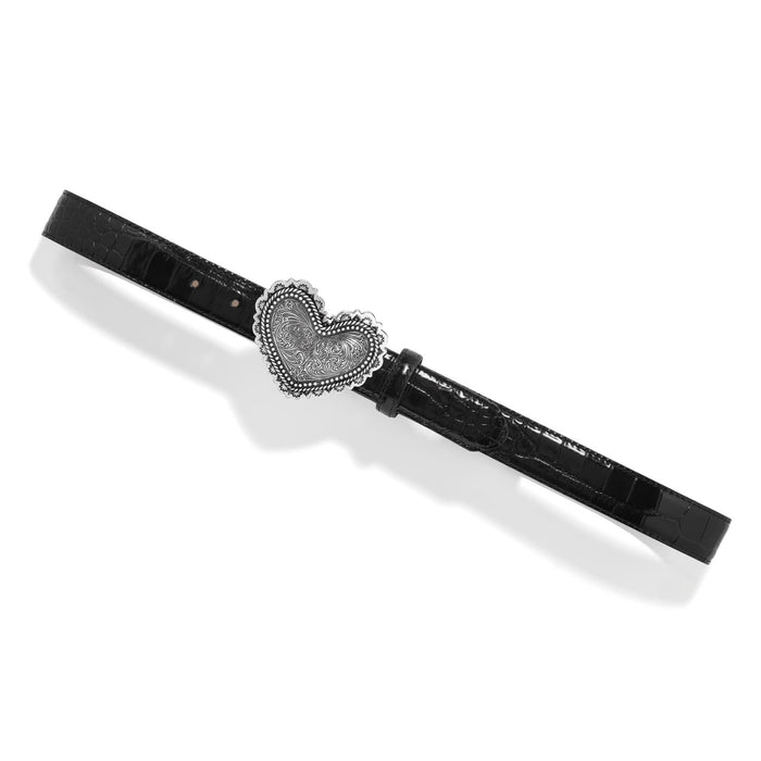 Brighton black croc-embossed leather belt with ornate silver-tone engraved heart-shaped buckle on a white background