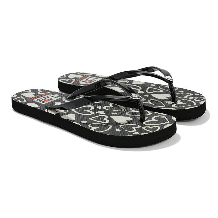 Brighton black rubber flip-flop sandals with white heart print footbed and glossy black straps on a white background