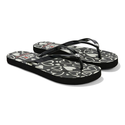 Brighton black rubber flip-flop sandals with white heart print footbed and glossy black straps on a white background