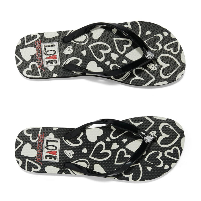 Brighton black rubber flip flop sandals with white heart print and crystal accent on a white background