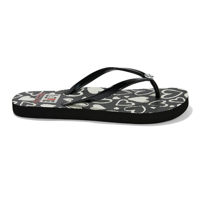Brighton black rubber flip-flop sandals with white heart print footbed and slim black straps on a white background