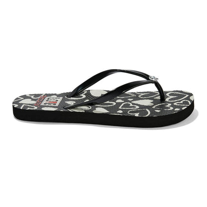 Brighton black rubber flip-flop sandals with white heart print footbed and slim black straps on a white background