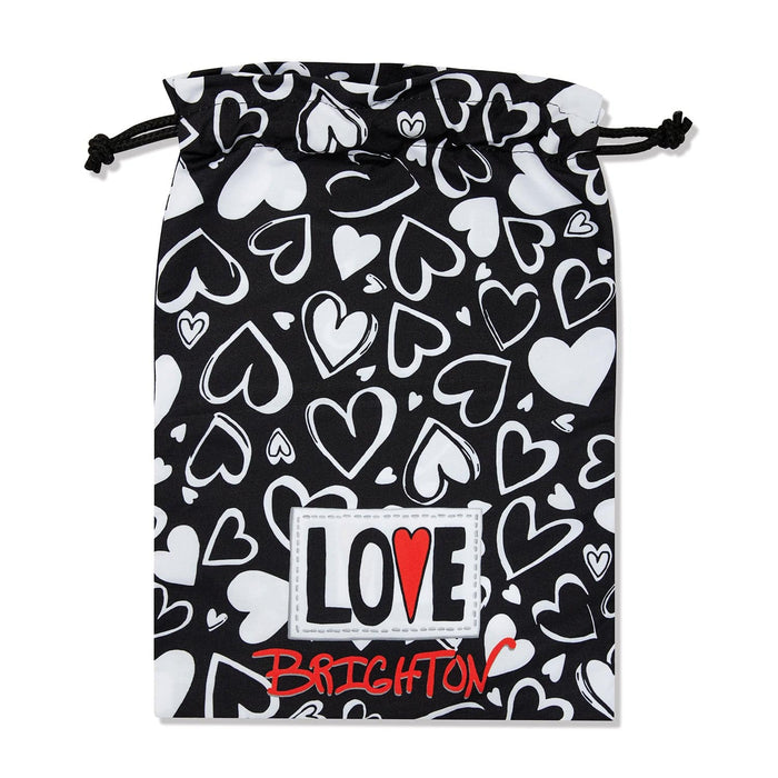 Brighton drawstring pouch with black and white heart print and red Love Brighton patch on a white background