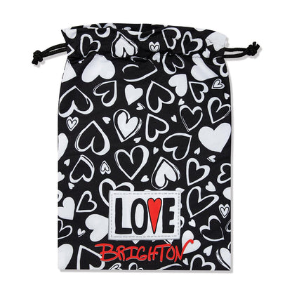 Brighton drawstring pouch with black and white heart print and red Love Brighton patch on a white background