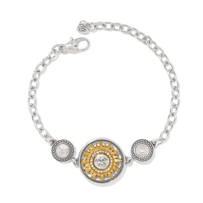 Brighton chain bracelet with two-tone sun face medallion, crystal accents, and hammered silver-tone discs on a white background