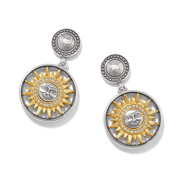 Brighton drop earrings with two-tone sun face medallions, crystal accents, and beaded silver-tone posts on a white background