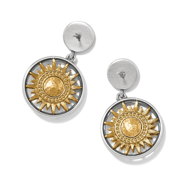Brighton drop earrings with gold-tone sunburst medallions and silver-tone circular frames on a white background