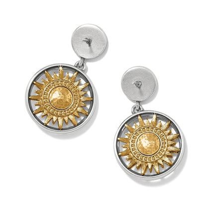 Brighton drop earrings with gold-tone sunburst medallions and silver-tone circular frames on a white background