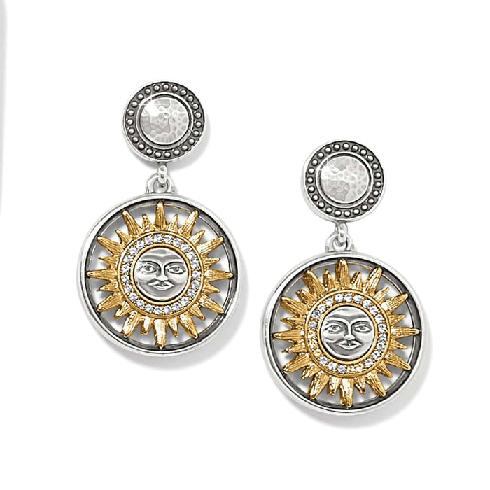 Brighton drop earrings with two-tone sun face medallions, crystal accents, and hammered silver-tone posts on a white background