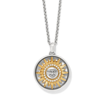 Brighton pendant necklace with two-tone sun face medallion, crystal accents, and silver-tone chain on a white background