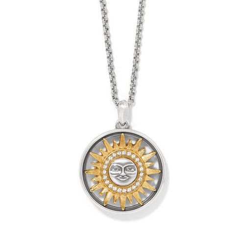 Brighton pendant necklace with two-tone sun face medallion, crystal accents, and silver-tone chain on a white background