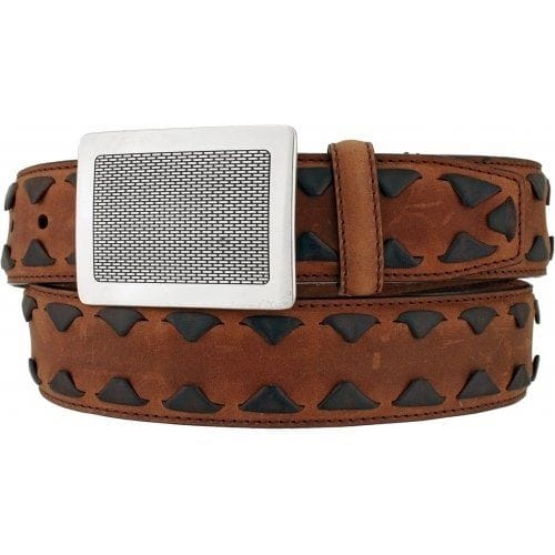 Brighton brown leather belt with laced edge detail and rectangular silver-tone textured buckle on a white background