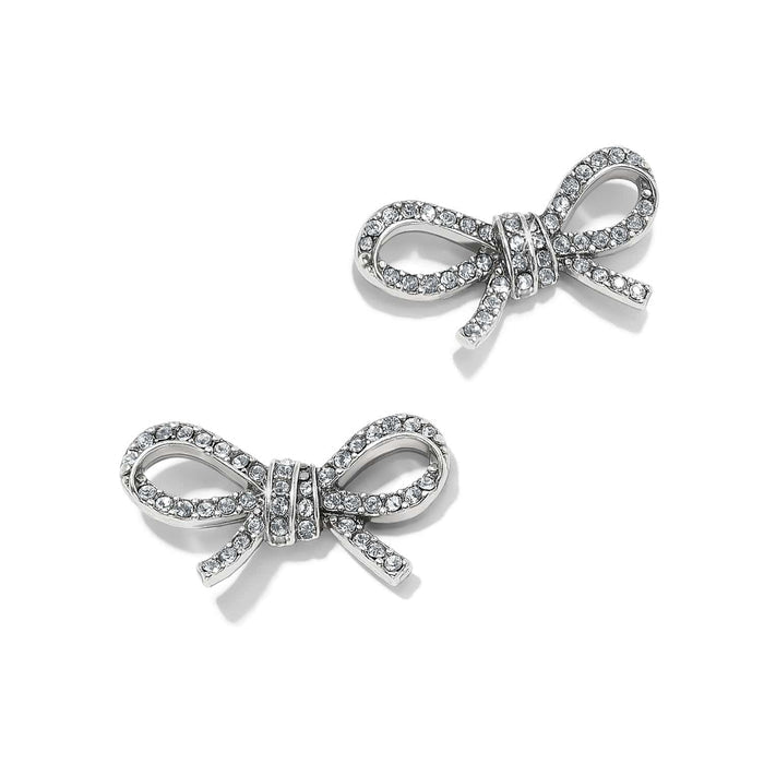 Brighton bow stud earrings with pavé crystals and silver-plated finish, shown as a pair on a white background