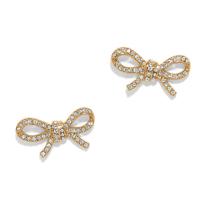 Brighton stud earrings shaped like gold-plated bows with pavé crystal accents and center knots on a white background