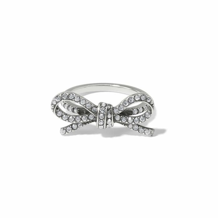 Brighton silver-plated bow ring with fine quality crystals across the ribbon loops and center knot on a white background