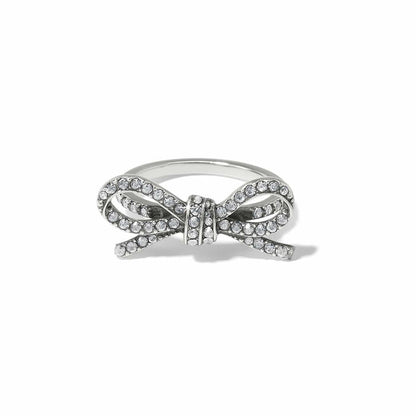 Brighton silver-plated bow ring with fine quality crystals across the ribbon loops and center knot on a white background