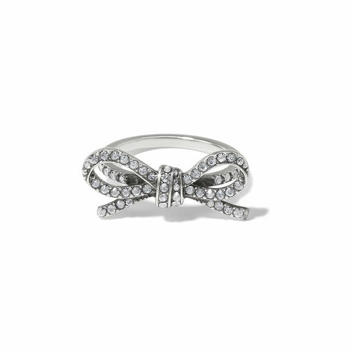 Brighton silver-plated bow ring with fine quality crystals across the ribbon loops and center knot on a white background