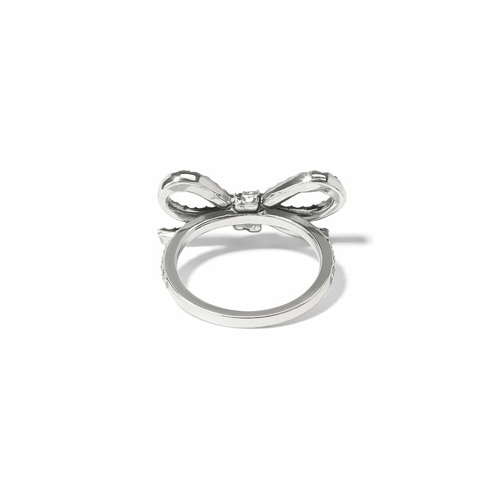 Brighton silver-plated ring shown from the back with bow design and crystal accents on a white background