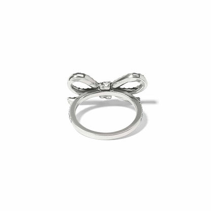 Brighton silver-plated ring shown from the back with bow design and crystal accents on a white background