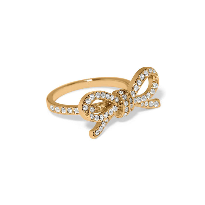 Brighton gold-tone bow ring with crystal accents along the band and bow loops on a white background