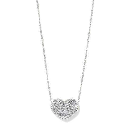 Brighton pendant necklace with silver-plated heart pavé crystals on a delicate chain on a white background