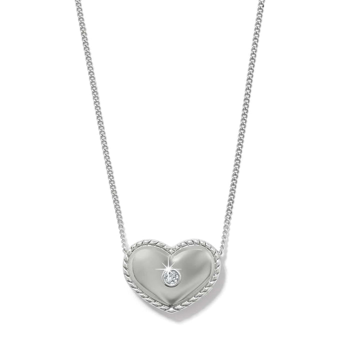 Brighton pendant necklace with silver-plated heart, rope border, and center crystal accent on a white background
