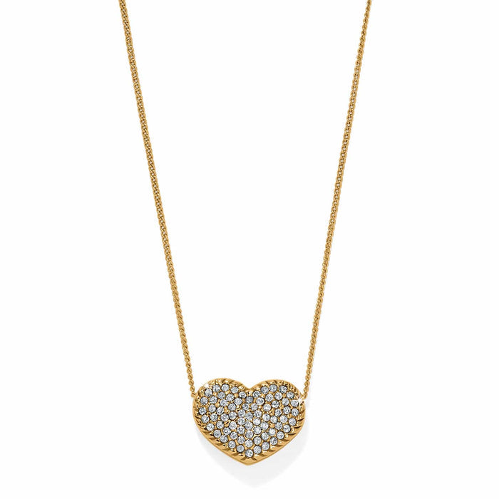 Brighton heart pendant necklace with gold-tone chain and pavé crystals in heart-shaped setting on a white background