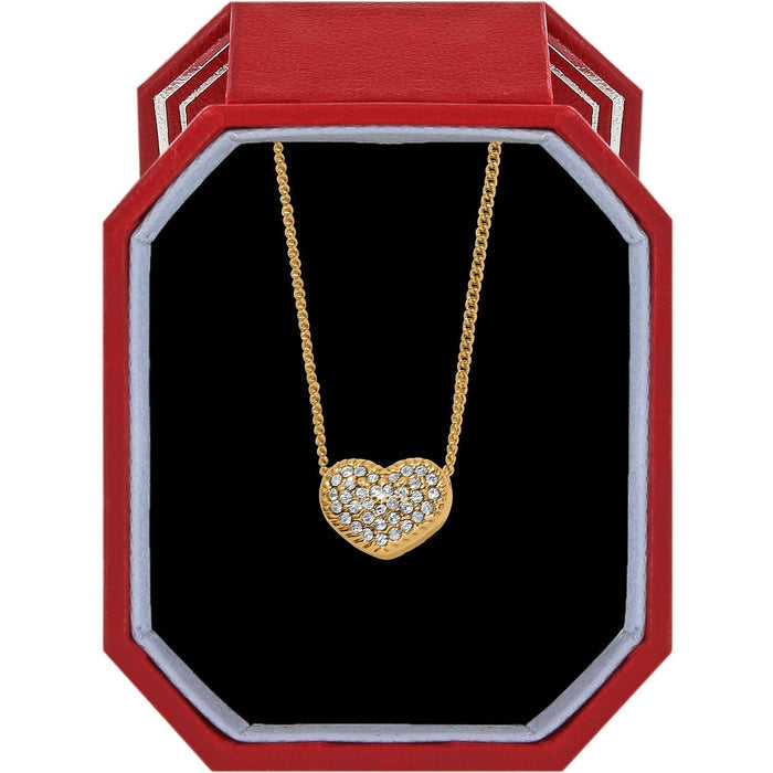 Brighton gold-tone heart pendant necklace with pavé crystals displayed in a red gift box on a white background