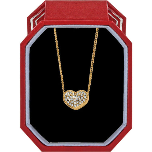 Brighton gold-tone heart pendant necklace with pavé crystals displayed in a red gift box on a white background