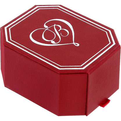 Brighton red gift box with white octagonal border and decorative scrollwork monogram on a white background