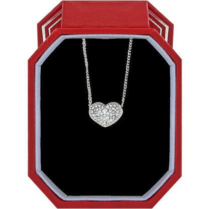 Brighton heart pendant necklace with silver-plated chain and pavé crystals displayed in a red gift box