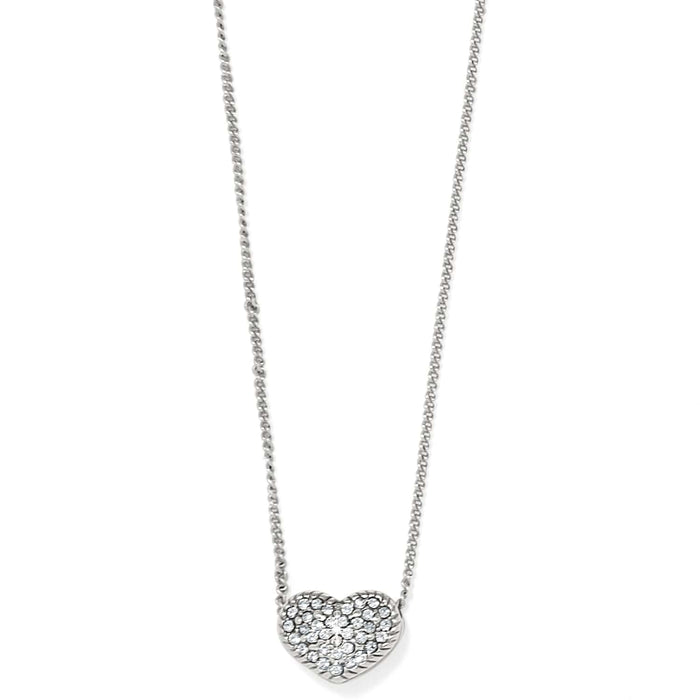 Brighton pendant necklace with silver-plated heart pavé crystal centerpiece and delicate chain on a white background