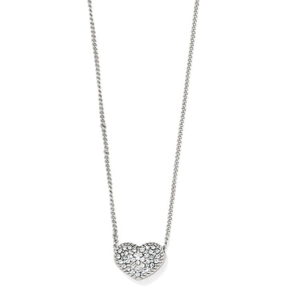 Brighton pendant necklace with silver-plated heart pavé crystal centerpiece and delicate chain on a white background