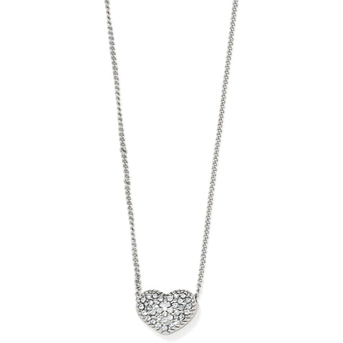 Brighton pendant necklace with silver-plated heart pavé crystal centerpiece and delicate chain on a white background