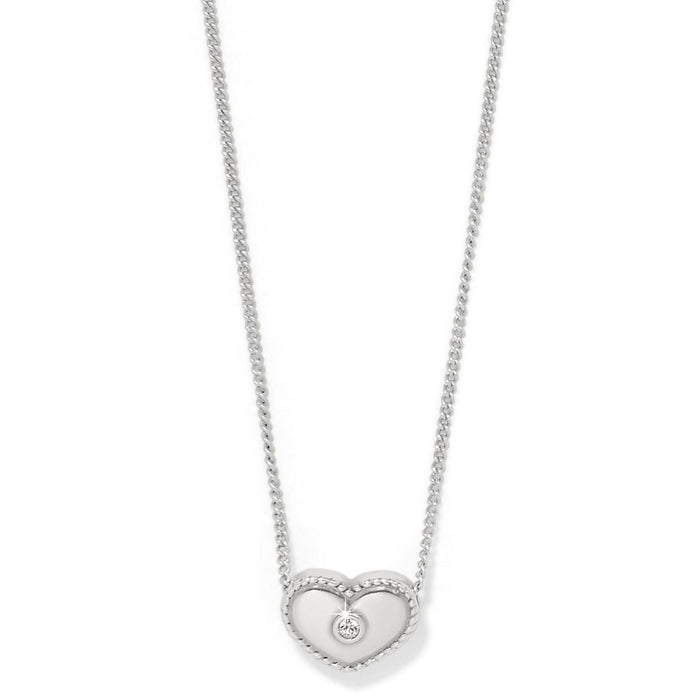 Brighton heart pendant necklace with silver-plated rope-edged heart and center crystal accent on a white background